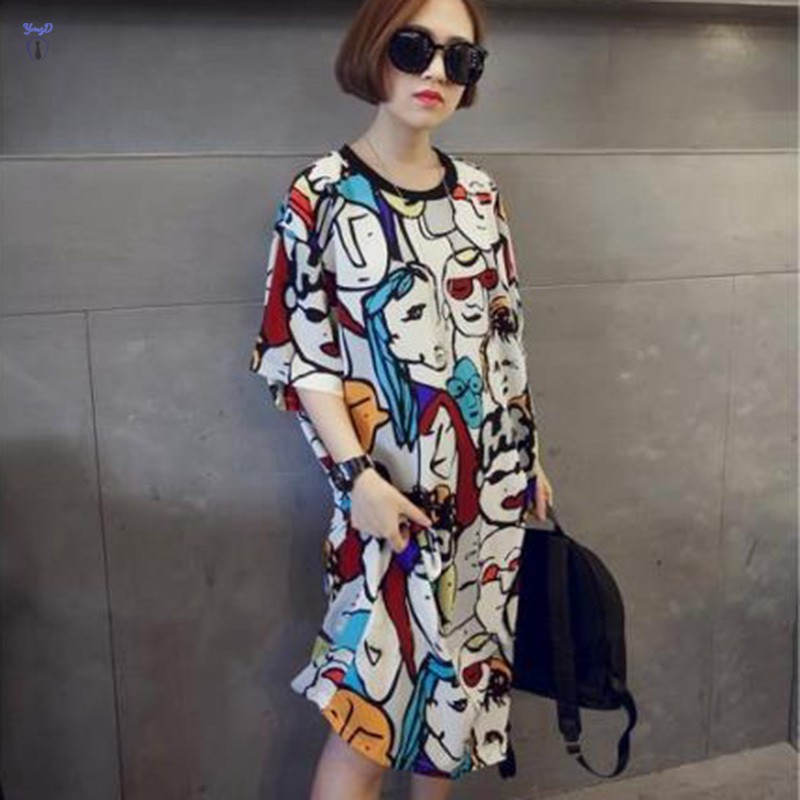 Đầm suông tay ngắn in hoạt hình nhiều màu sáng tạo cho nữ