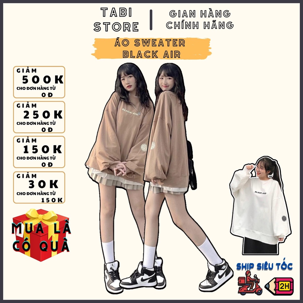 Áo sweater nữ 💖 𝑭𝑹𝑬𝑬𝑺𝑯𝑰𝑷 💖 Áo dài tay nữ nỉ bông cotton unisex dáng rộng dưới 75kg TABI STORE - Áo sweater Black Air