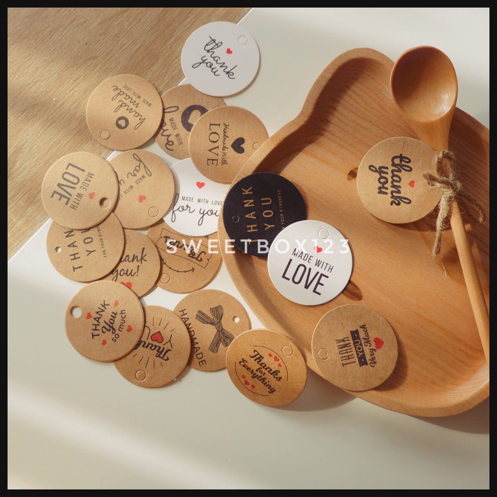 100 Tag Giấy Thank You Kraft 4cm Tem Mác Thẻ Treo In Sẵn Cám Ơn Khách Hàng Trang Trí Quà Tặng