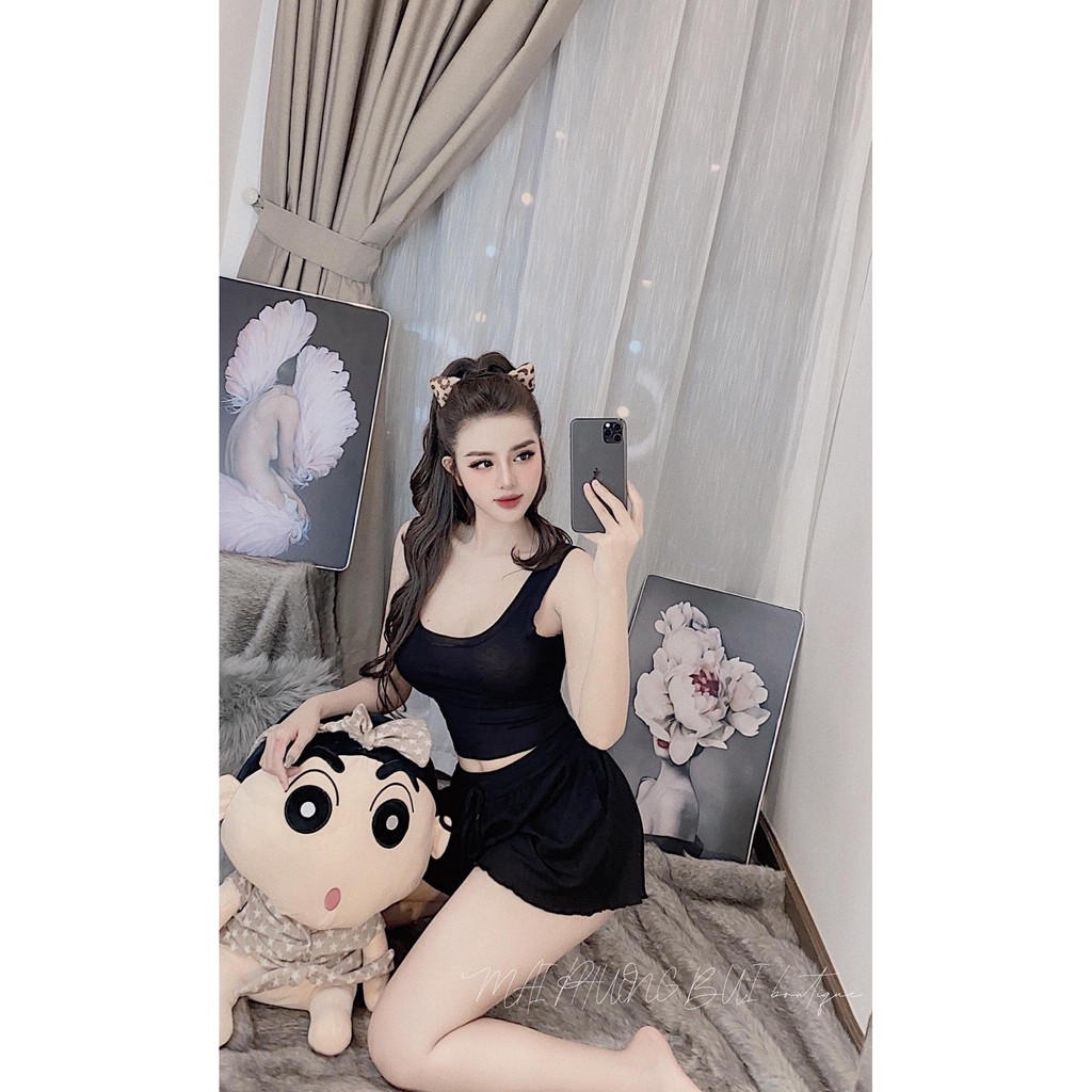 Set Bộ Ngủ Sát Nách Quần Loe Chất Cotton Co Dãn Thoáng Mát Free Size Dưới 55kg | BigBuy360 - bigbuy360.vn