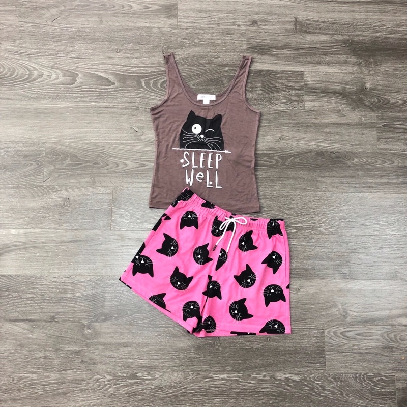 BEUCLOSET -Set mặc nhà F21 họa tiết mèo đáng yêu