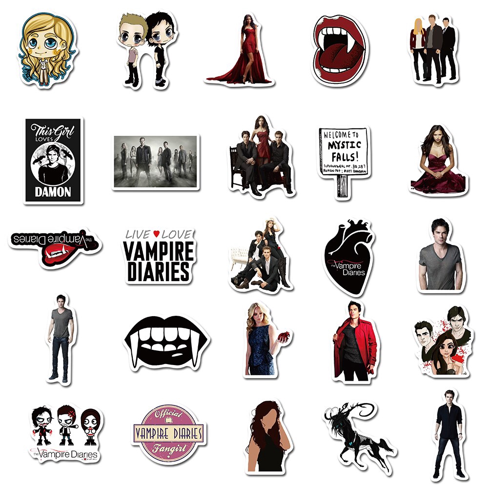 Set 50 sticker phim Mỹ The Vampire Diaries chống thấm nước độc đáo trang trí đồ chơi/ ván trượt/ máy tính trẻ em