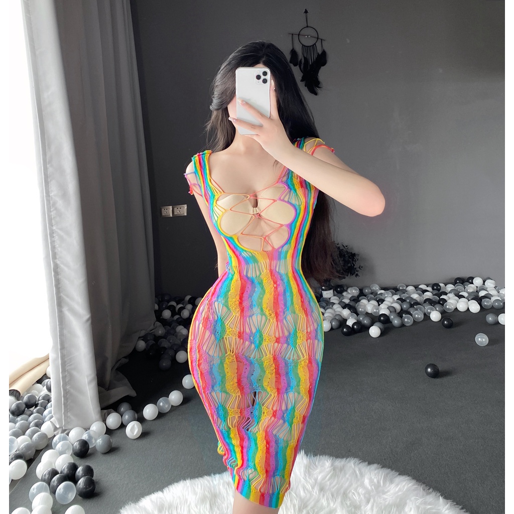Váy ngủ lưới 7 sắc cầu vồng dáng dài gợi cảm MS07