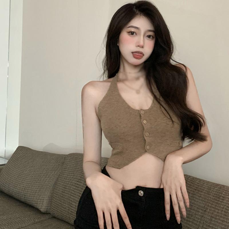 Áo Croptop Dệt Kim Màu Trơn Phong Cách Hàn Quốc Gợi Cảm Cho Nữ