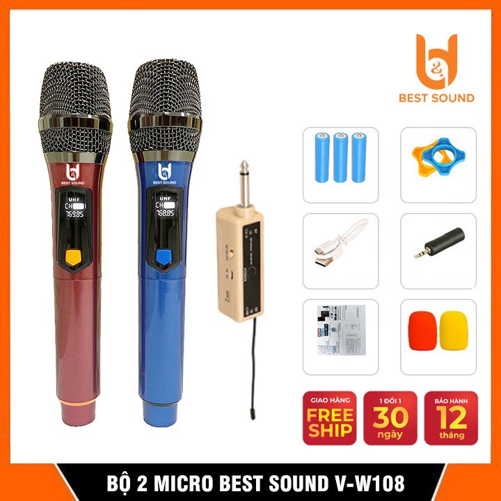 [BẢO HÀNH 12 THÁNG] Bộ 2 Micro Không Dây Hát Karaoke V-W108 dành Cho Loa Kéo/Amply,Tần Số 50