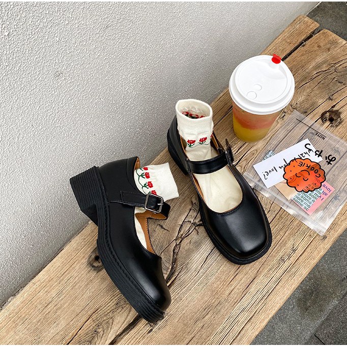 G49_GIÀY đế vuông cao gót Mary Jane mũi tròn