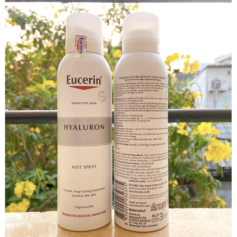 Combo 2 xịt khoáng dưỡng ẩm Eucerin Hyalruon Mist Spray Sensitive Skin dành cho da nhạy cảm 150ml/chai