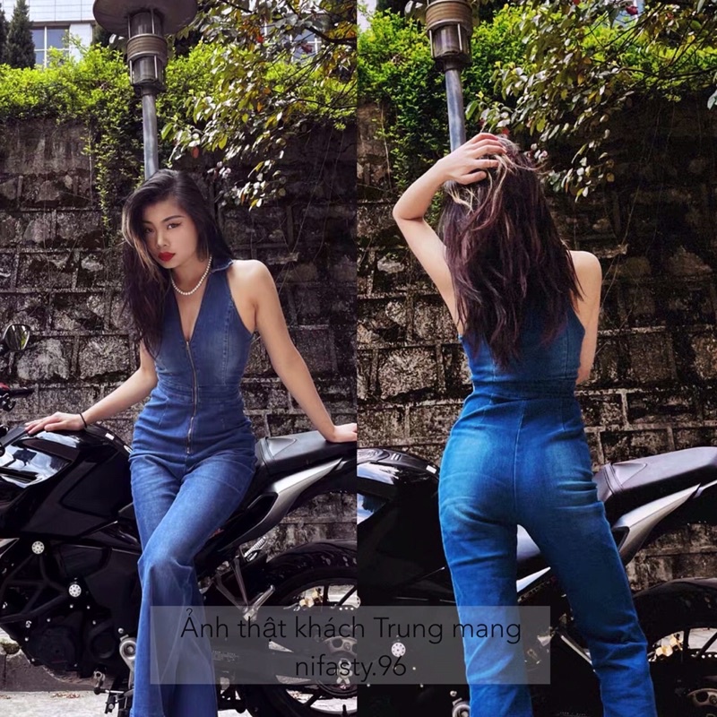 *kèm ảnh thật* Jumpsuit jeans nữ sát nách ống suông loe vừa tôn dáng