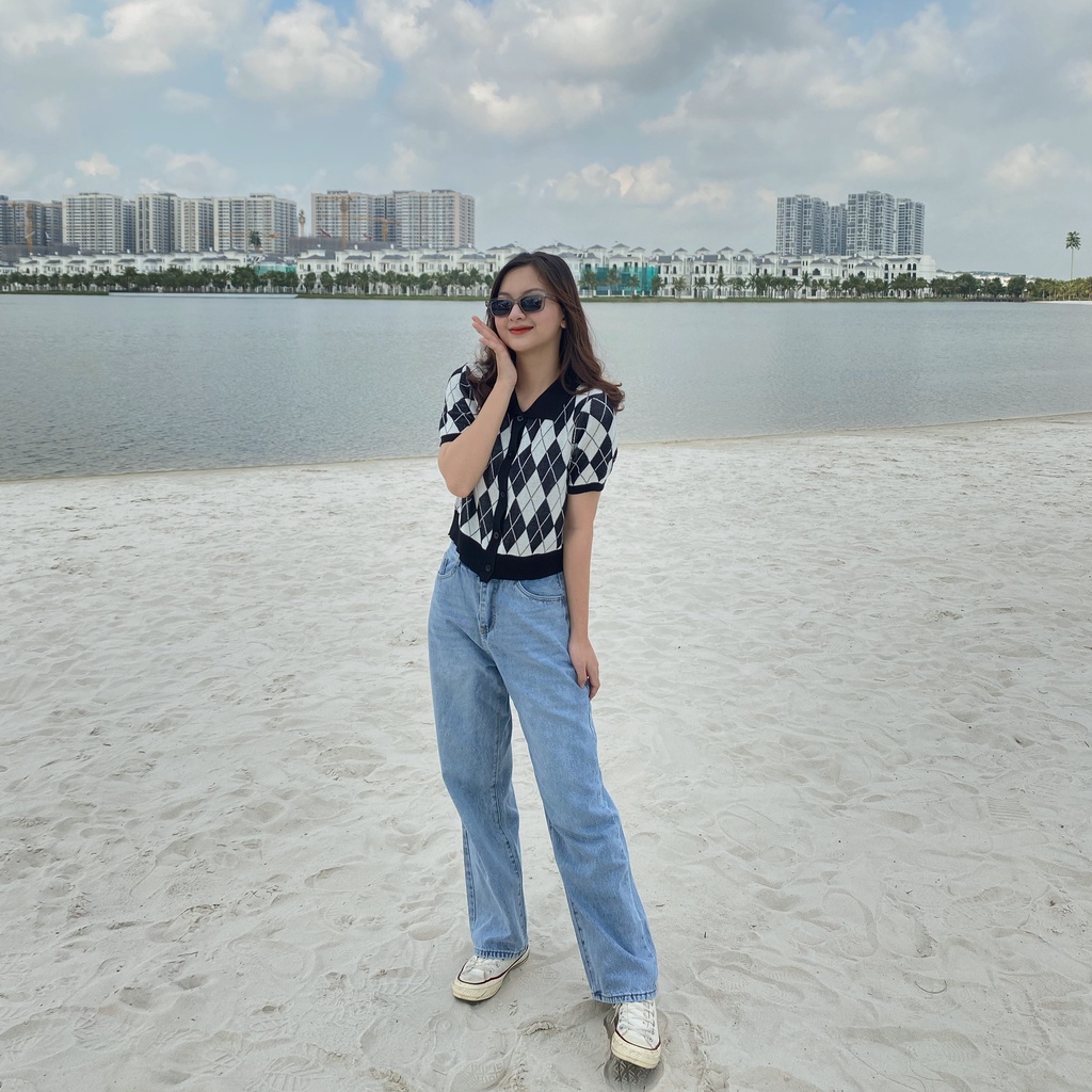 Áo len cộc tay cổ polo kẻ trám, dáng ngắn ulzzang - Made by Fiin (có video cận chất)