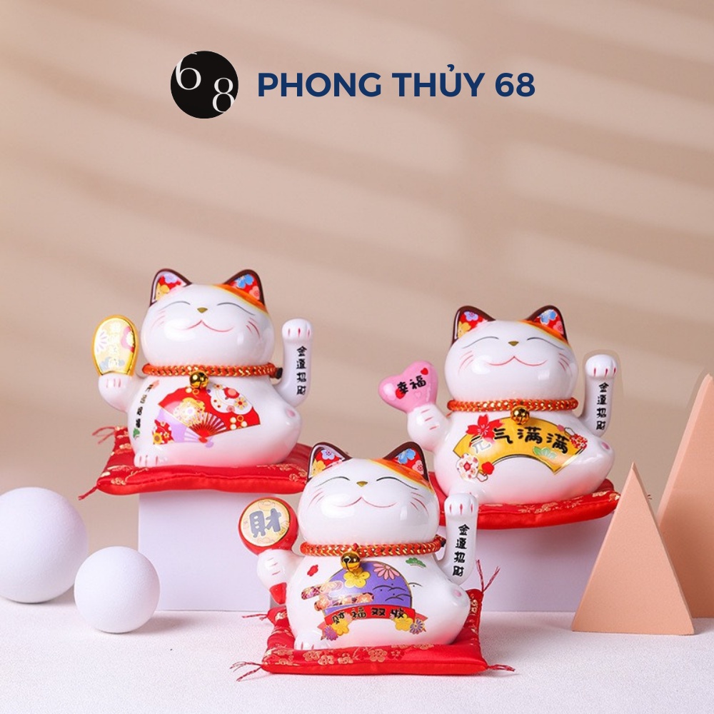 Mèo thần tài vẫy tay Phong Thủy 68,Mèo may mắn Maneki neko Nhật Bản, Mèo tài lộc sứ mini 14 cm chạy pin