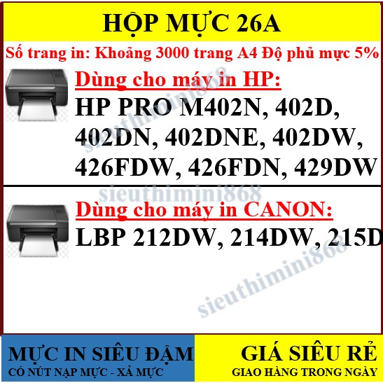 GIAO TRONG NGÀY💥Hộp Mực 26A/052 - CNON LBP 214DW - HP Pro M402DN, M426FDW, M426FDN - - Cartridge CF226A - Cartridge 052