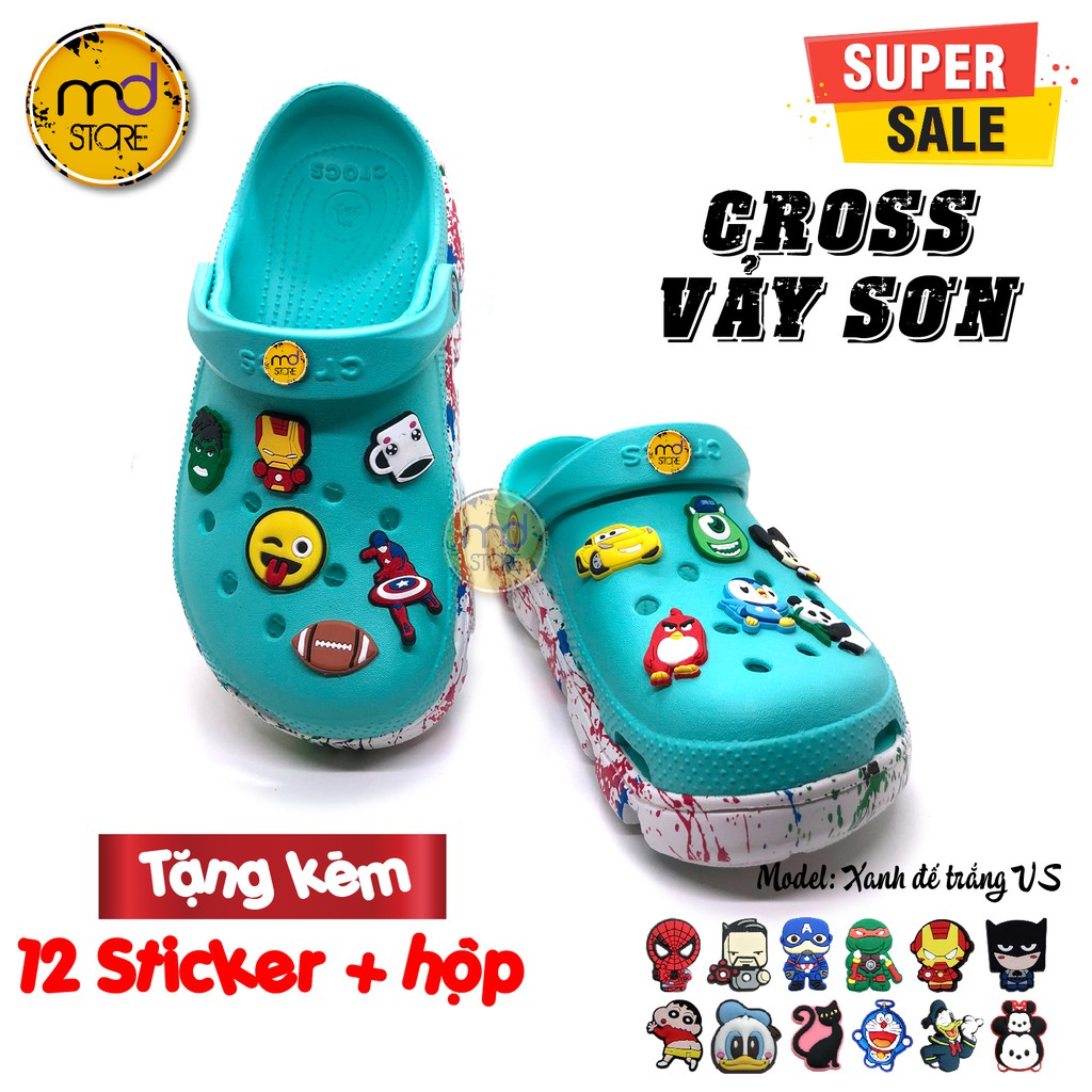 [Super Sale] Dép Cross vảy sơn xanh đế trắng , Dép Cross cá sấu bít đầu - Tặng kèm 12 Sticker, Jibitz +Hộp