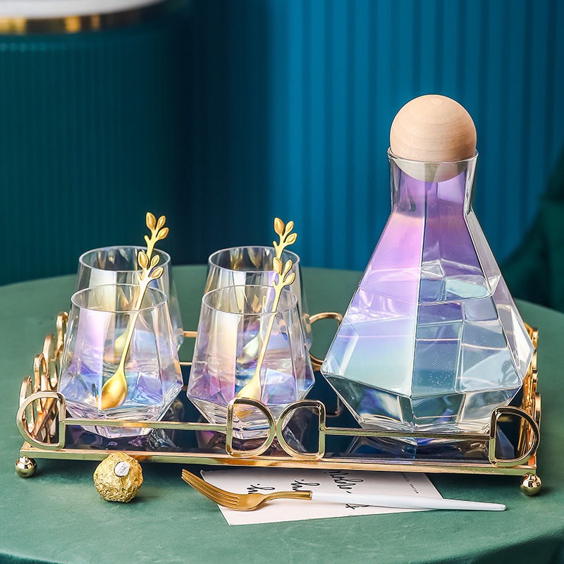 Bộ Bình Nước , Ấm Tách Trà Thủy Tinh mẫu  Màu Trà Họa Tiết Châu Âu