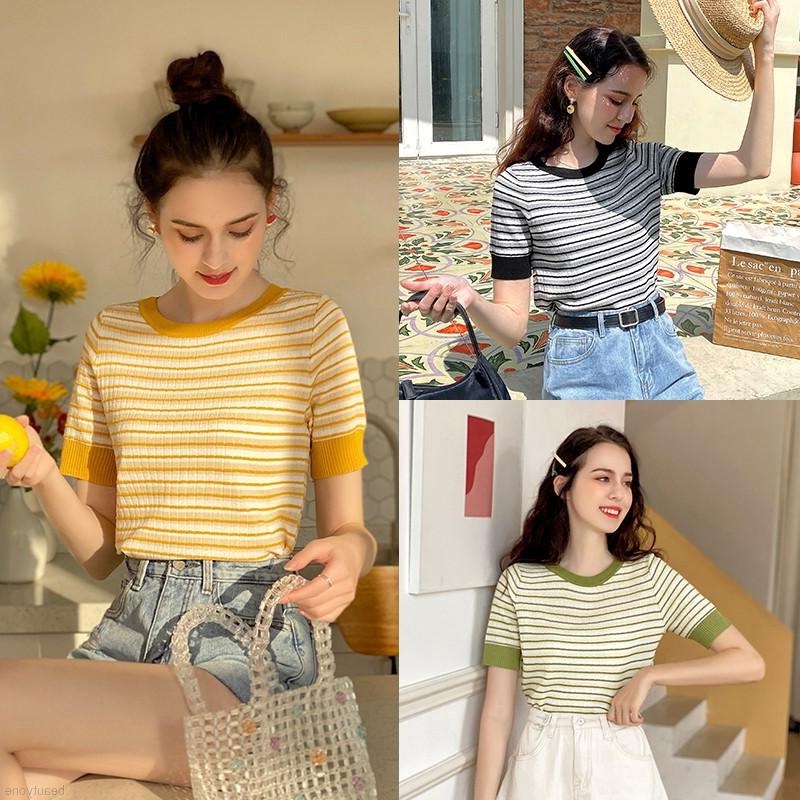 Áo Dệt Kim Tay Ngắn Hoạ Tiết Kẻ Sọc Phong Cách Hàn Quốc