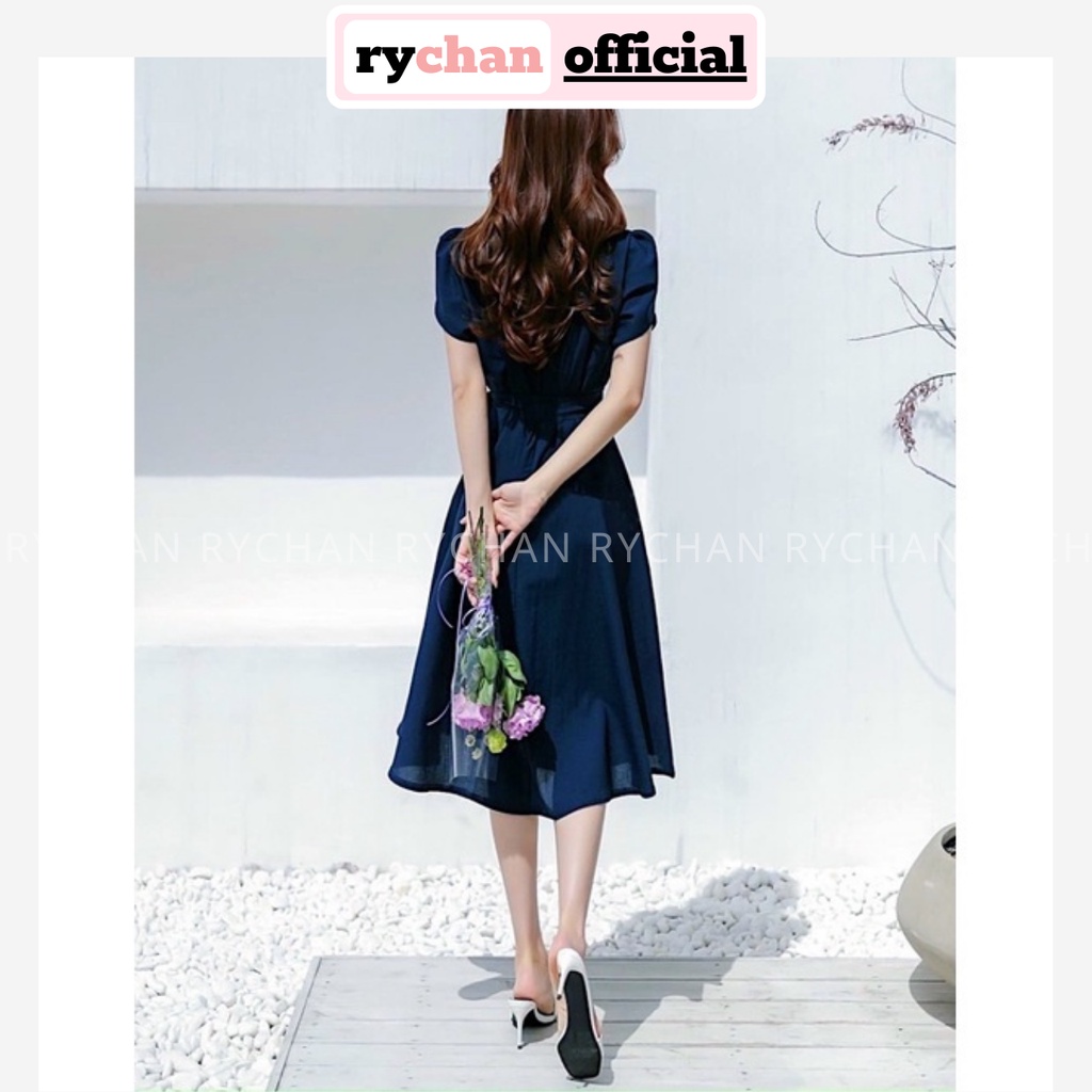 Đầm Váy Nữ Dự Tiệc Form Dài Cổ V Tay Sen Đắp Chéo Tà Thắt Nơ Màu Xanh Đen [ẢNH THẬT CUỐI] - DX9916