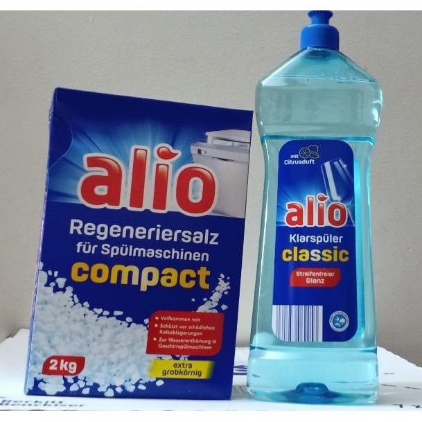 Combo Viên rửa bát Alio Classic 100 viên, muối rửa bát 2kg, nước làm bóng 1000ml