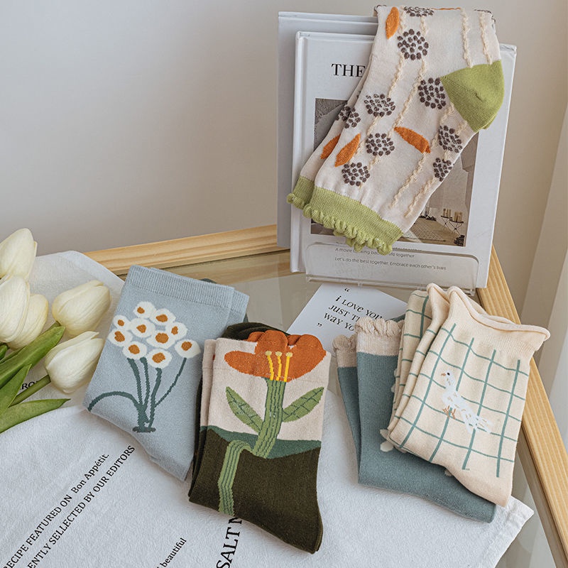 Vớ Cổ Trung In Họa Tiết Hoa Dễ Thương Ngọt Ngào Phong Cách Nhật Bản Cho Nữ