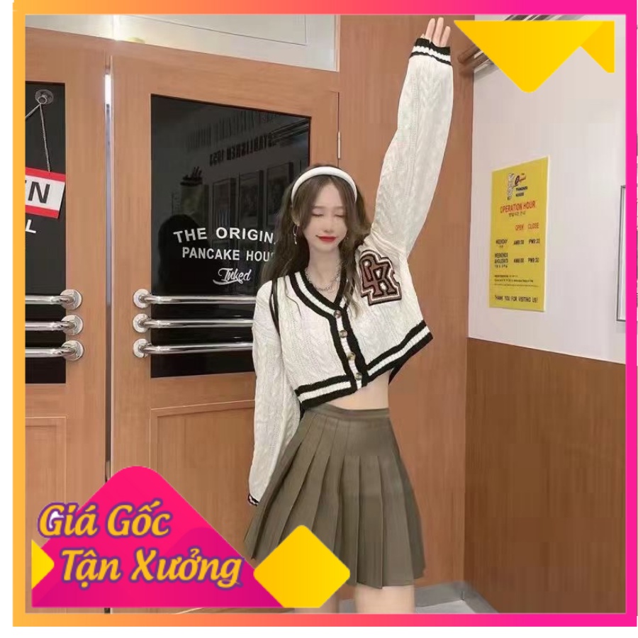 Set Áo Len Đắp Nổi Phối Viền Mix Chân Váy Ngắn - Set Áo Croptop Dài Tay Phối Chân Váy Xếp Ly