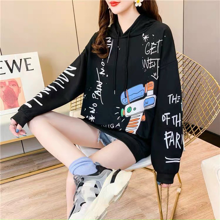 Áo khoác hoodie nữ nỉ ngoại in chữ nhật cá tính, form dài rộng mặc thoải mái