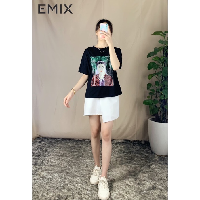 Áo phông nữ in hình cô gái EMIX (3 màu), cực xinh, form đẹp, tay lỡ, in ép nhiệt CHỐNG BONG, chất Cotton 4 chiều co giãn