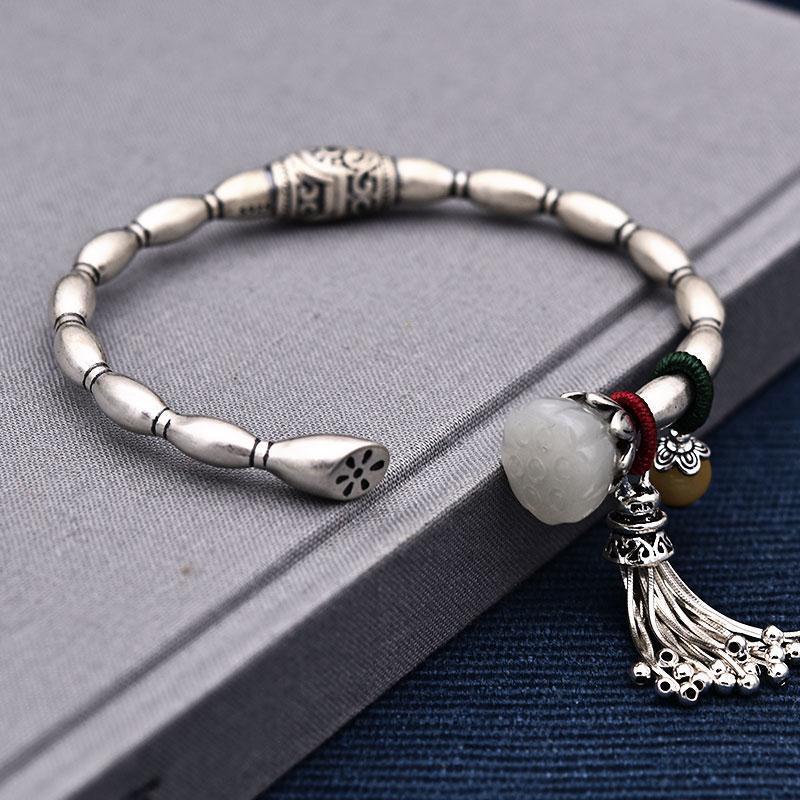 Love❤jewellery,Natural Hetian Jade Lotus Root Bracelet, S925 Silver, Adjustable, Retro Style Carved Bracelet