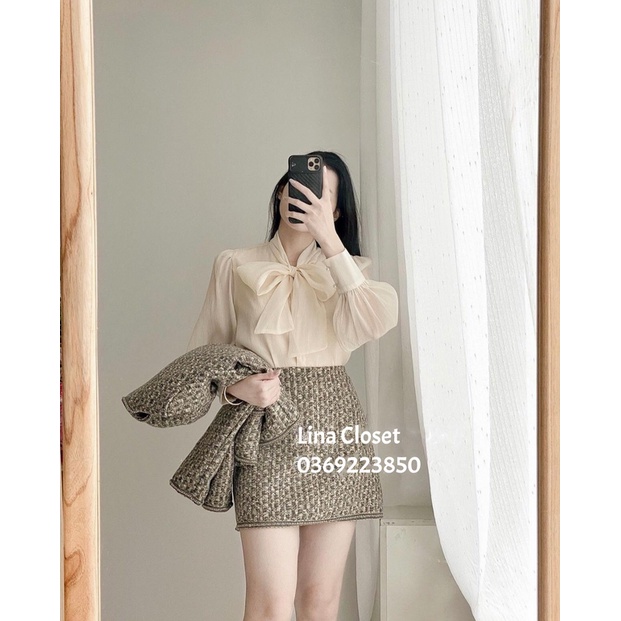 Áo sơ mi voan thắt nơ cúc ngọc tiểu thư