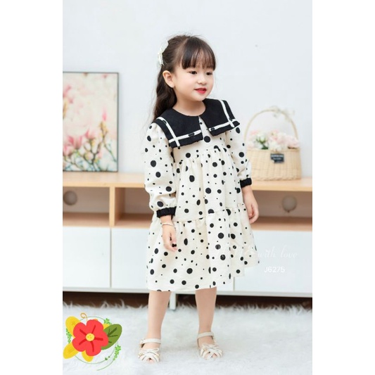 Váy Bé Gái Dài Tay 1-10 Tuổi 10-40kg, Váy Mùa Thu Đông Thủy Thủ, Tay Bo, Chấm Bi, Nhung Text June With Love