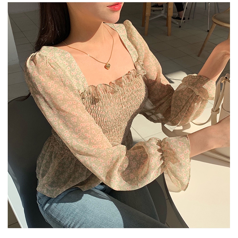 Áo chiffon nữ SUXI tay dài họa tiết hoa phong cách Hàn Quốc