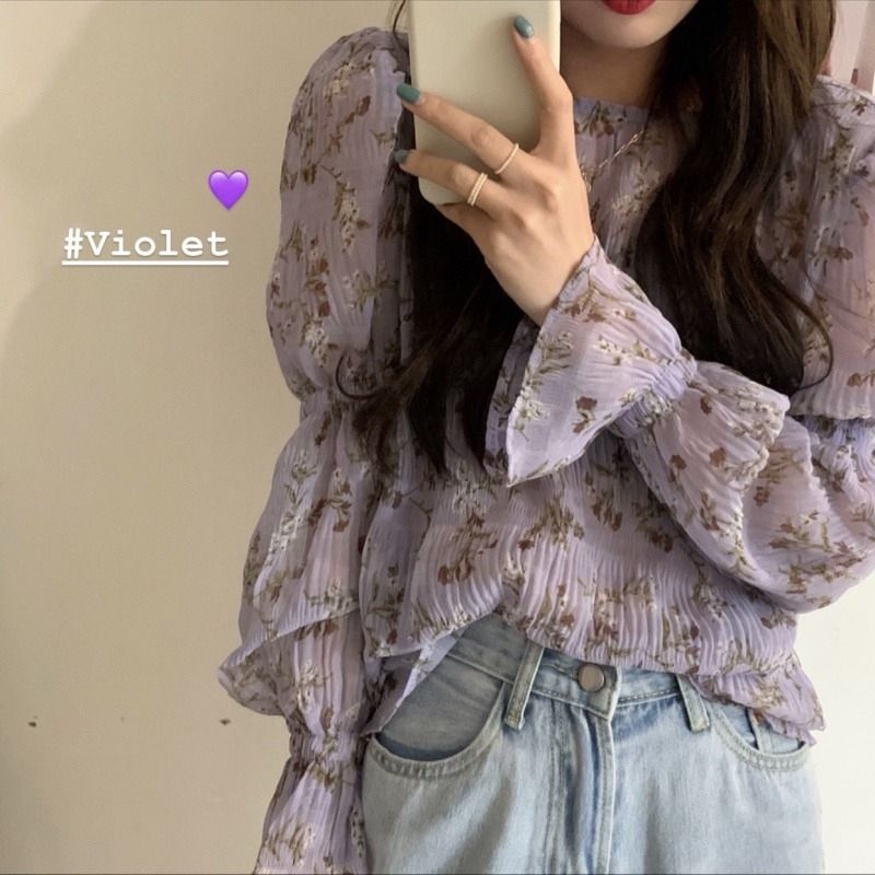 Áo sơ mi chiffon in hoa dáng rộng che khuyết điểm cho nữ