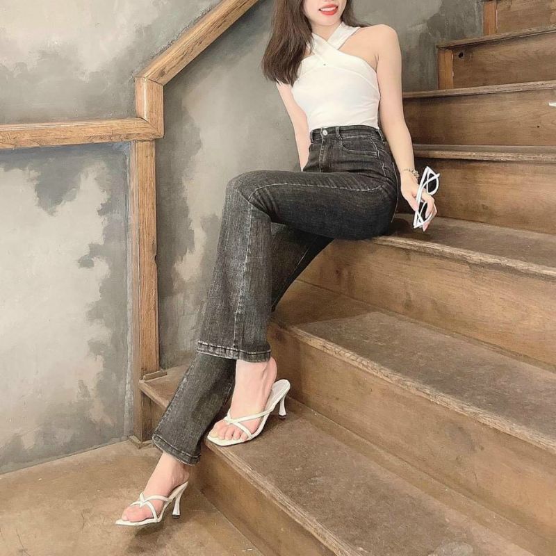 Quần jeans FOREVER 21 denim ống loe dài lưng cao màu xám khói