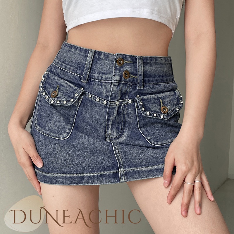 DUNEA Chân váy jean Phối Túi Đính Đá Phong Cách Retro Cho Nữ