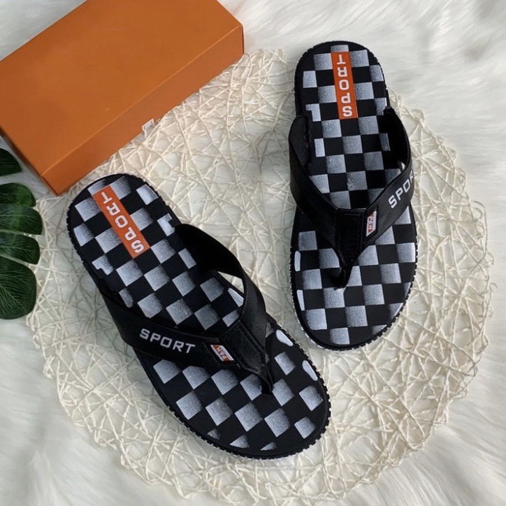 ROT AZ1 Dép tông nam đen trắng sport phối kẻ caro 4 ROT