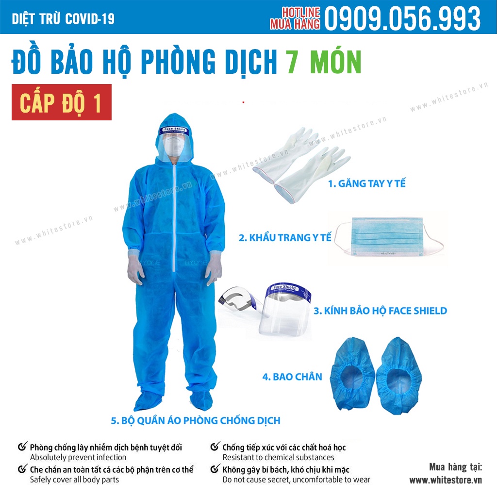 Bộ Đồ Bảo Hộ 7 Món - Cấp Độ 1 Phòng Dịch [Hàng Cty Chứng nhận tiêu chuẩn Y tế]