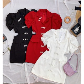 Đầm cổ vest khoét eo khoen nơ (kèm ảnh thật)