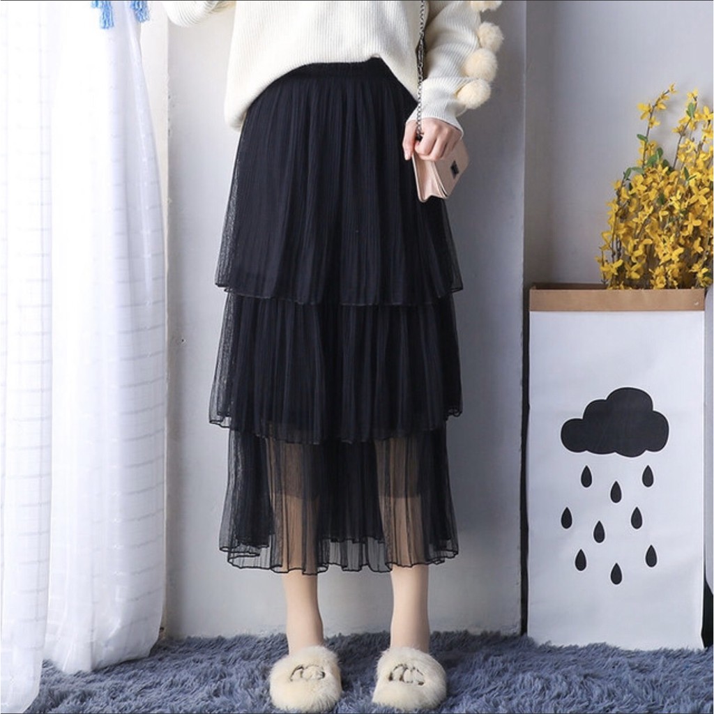 Chân váy dài ba tầng tutu xếp ly màu trơn ulzzang midi