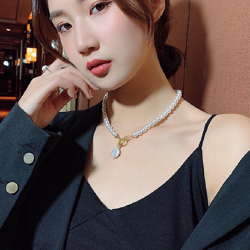 Dây chuyền ngọc trai nhân tạo hình mặt cười phong cách retro, vòng cổ ngọc trai nữ