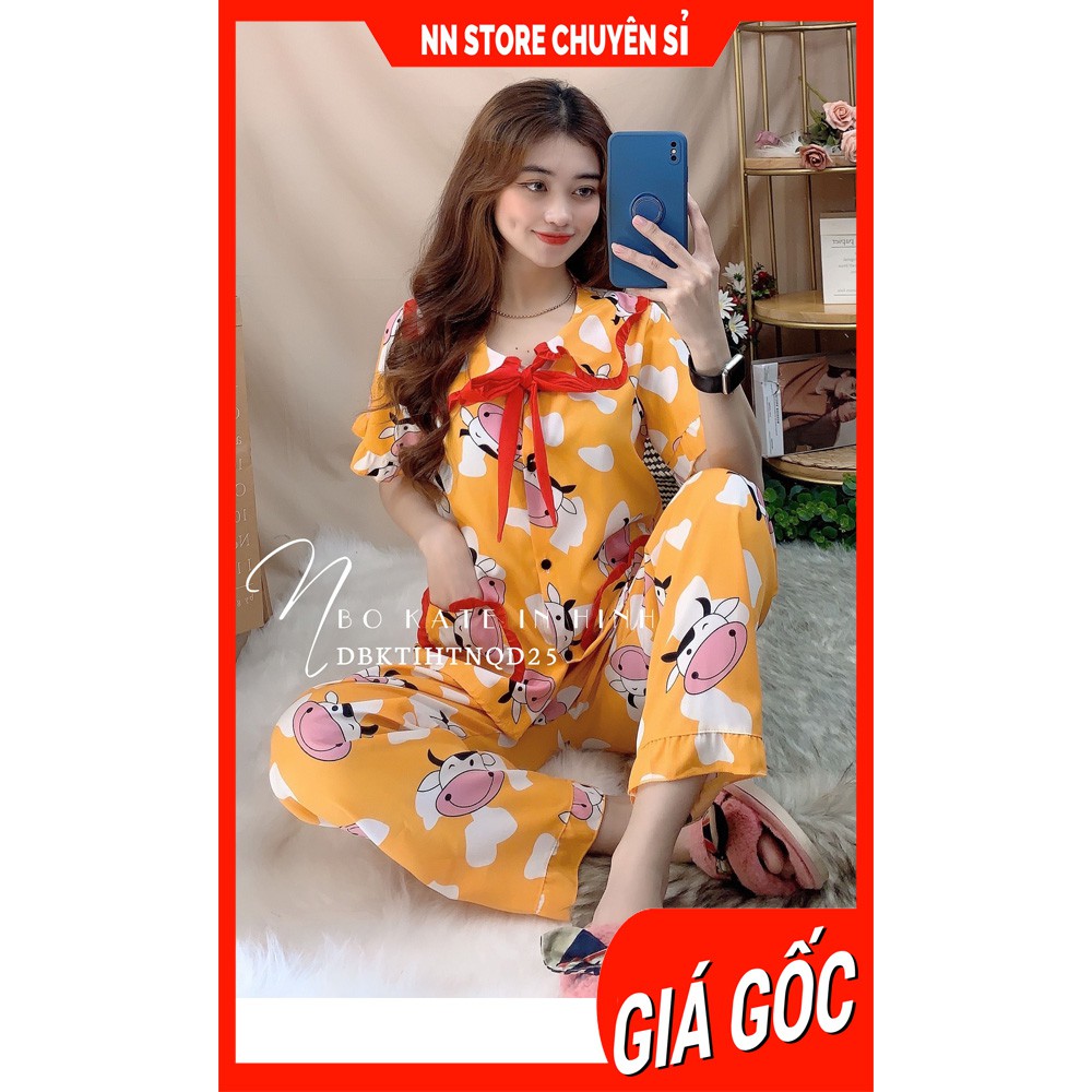 Đồ bộ nữ mặc nhà cổ bèo tiểu thư in bò sữa in hình doremon in hình hoạt hình dễ thương BLH lụa hàn tổng hợp