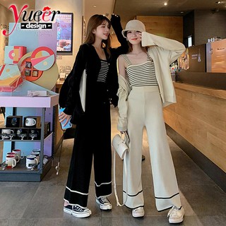 Bộ đồ dệt kim ba mảnh S ~ L Bộ đồ dệt kim sang trọng thời trang thông thường dành cho nữ Quần dài đầu mùa thu + Bộ đồ ba mảnh hàng đầu Quần ống rộng dệt kim Susp