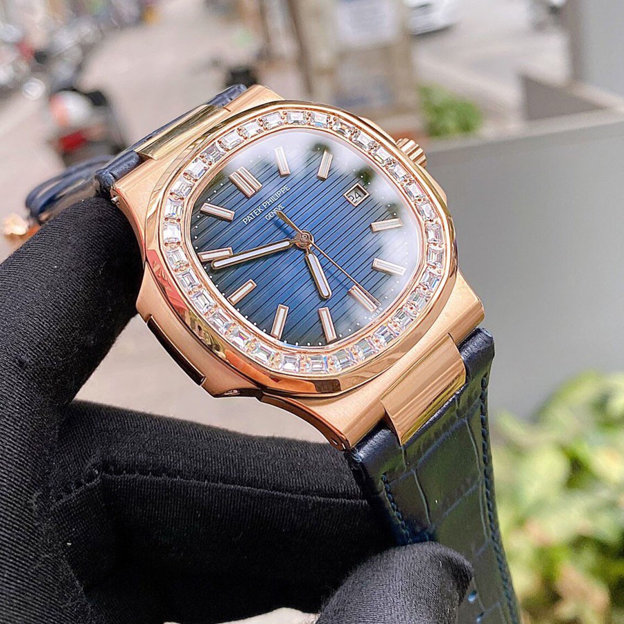 Đồng hồ Nam Pt vuông cơ Automatic size 40mm vành đá mặt xanh vỏ vàng gold và vàng hồng dây da