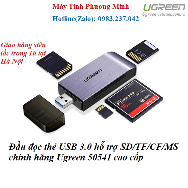 Đầu đọc thẻ đa năng USB 3.0 hỗ trợ SD/TF/CF/MS chính hãng Ugreen 50541 cao cấp - Hàng chính hãng