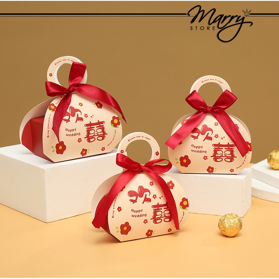 Set 10 Hộp Giấy Đựng Bánh Kẹo Đám Cưới Hình Chữ Hỷ Buộc Nơ Đỏ Xinh Xắn 8*5*14cm MARRYSTORE
