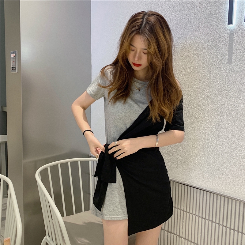 SUXI Đầm Thun Tay Ngắn Phối Dây Thắt Thời Trang Mùa Hè Cho Phái Nữ