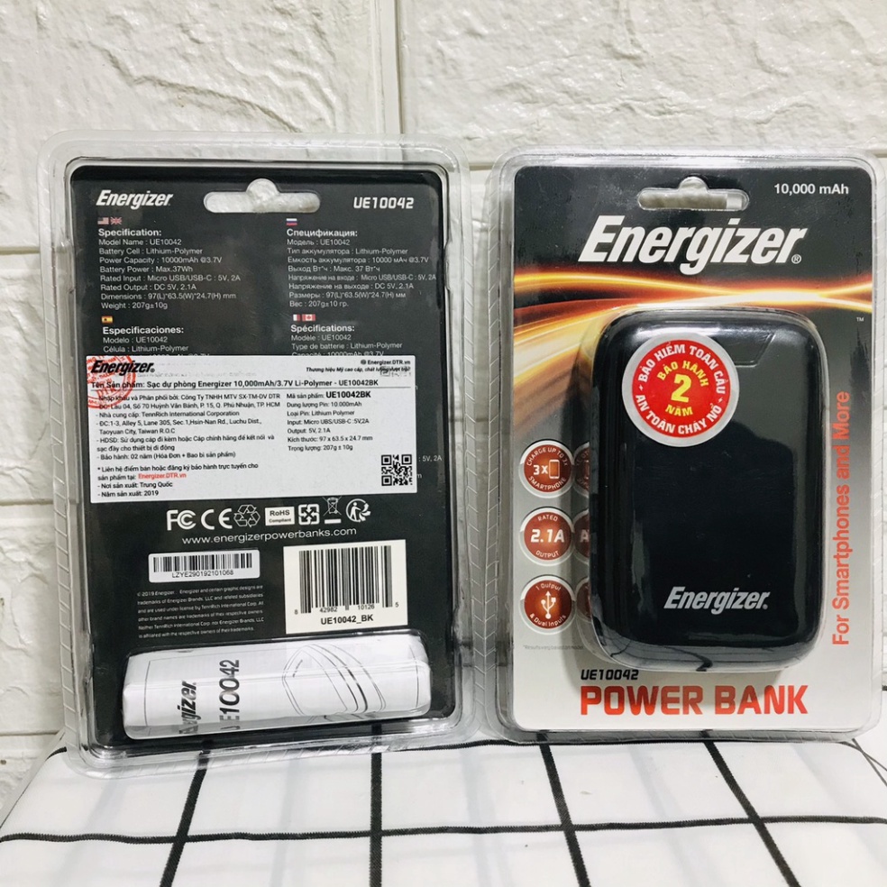 Sạc dự phòng Energizer UE10042 10,000mAh - Thiết kế siêu gọn nhẹ, 2 cổng input tiện dụng &amp; chuẩn sạc nhanh Fast Charge