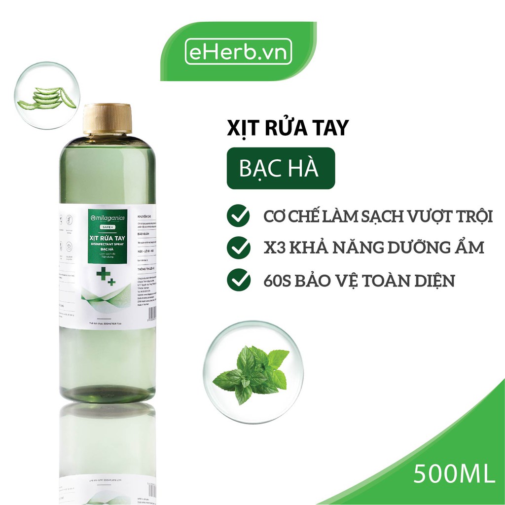 Xịt Rửa Tay Bạc Hà Làm Sạch Da, Dưỡng Ẩm Không Gây Khô Da MILAGANICS 500ml (Chai)