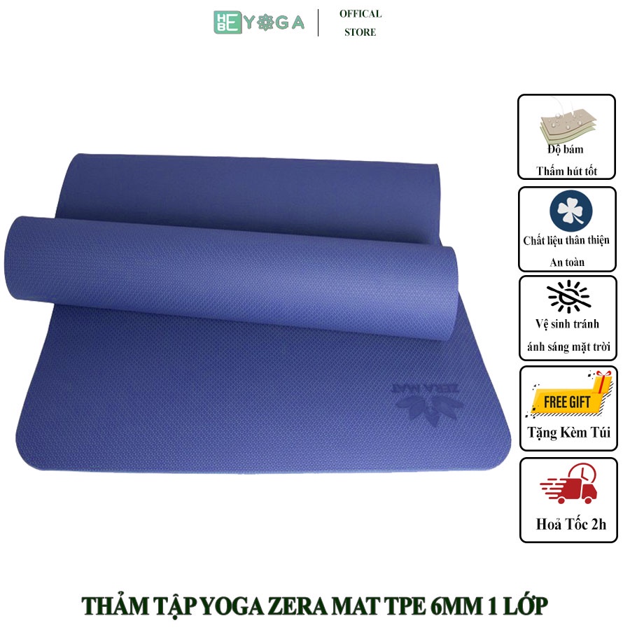 Thảm Tập Yoga TPE Zera Mat 1 Lớp 6mm màu Xanh đậm (Tặng kèm túi)