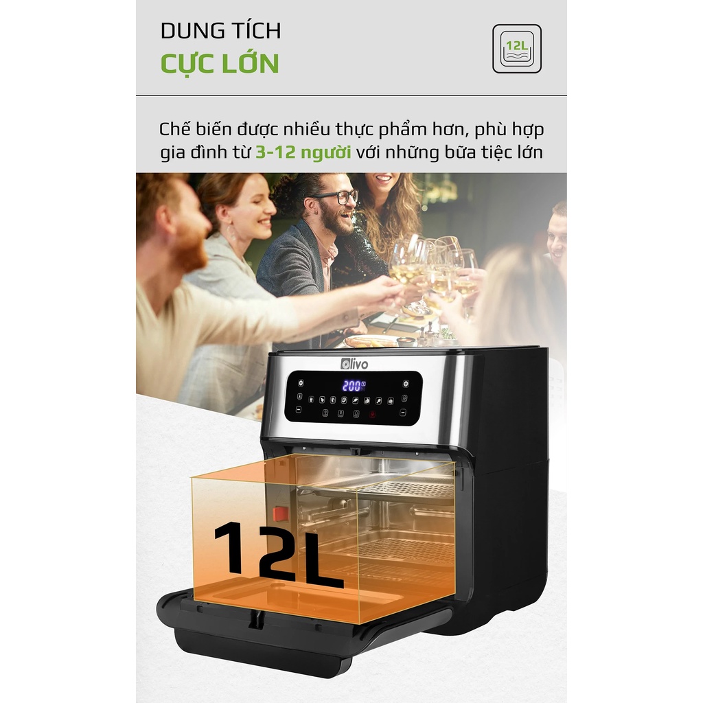 Nồi chiên không dầu OLIVO AF12 dung tích 12L công suất 1800W thương hiệu Mỹ