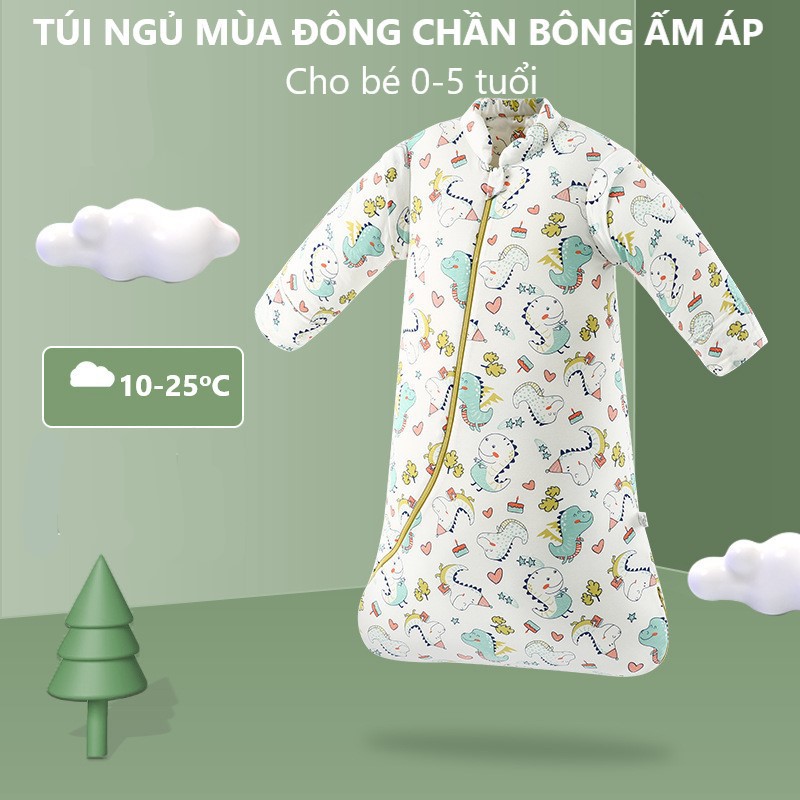 Túi Ngủ Mùa Đông Cho Bé từ 0 đến 5 tuổi cotton mềm mịn, chần bông ấm áp, tay có thể tháo rời