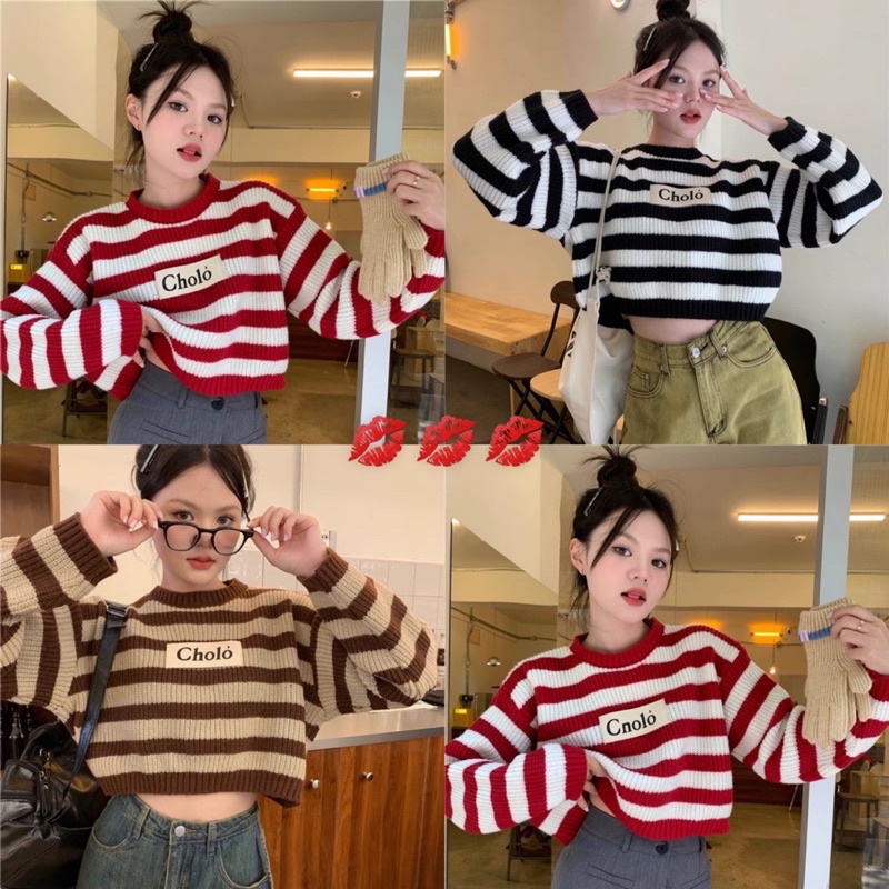 Áo len kẻ ngang tag Chloe dáng croptop hàng QC