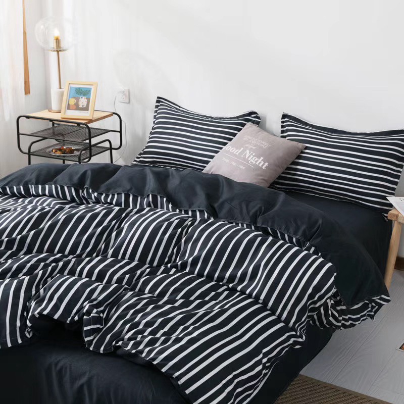 Bộ Vỏ Chăn Ga Gối Cotton Poly Nhập Khẩu (Kẻ Trắng Đen SP000693)