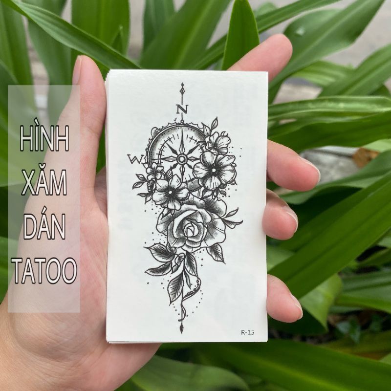 Hình xăm hoa trắng đen mẫu mới r15. Tatoo dán tạm thời size 10x6cm